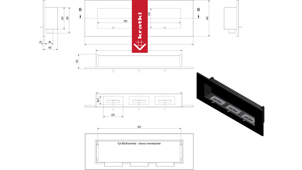 Wandkamin DELTA 3 Bioethanol – Schwarz – Ansicht 5
