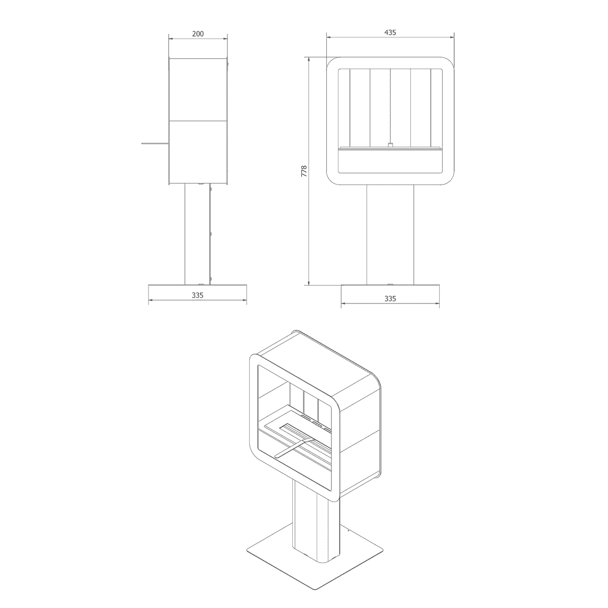 Standkamin TETRA Bioethanol – Eiche – Masszeichnung